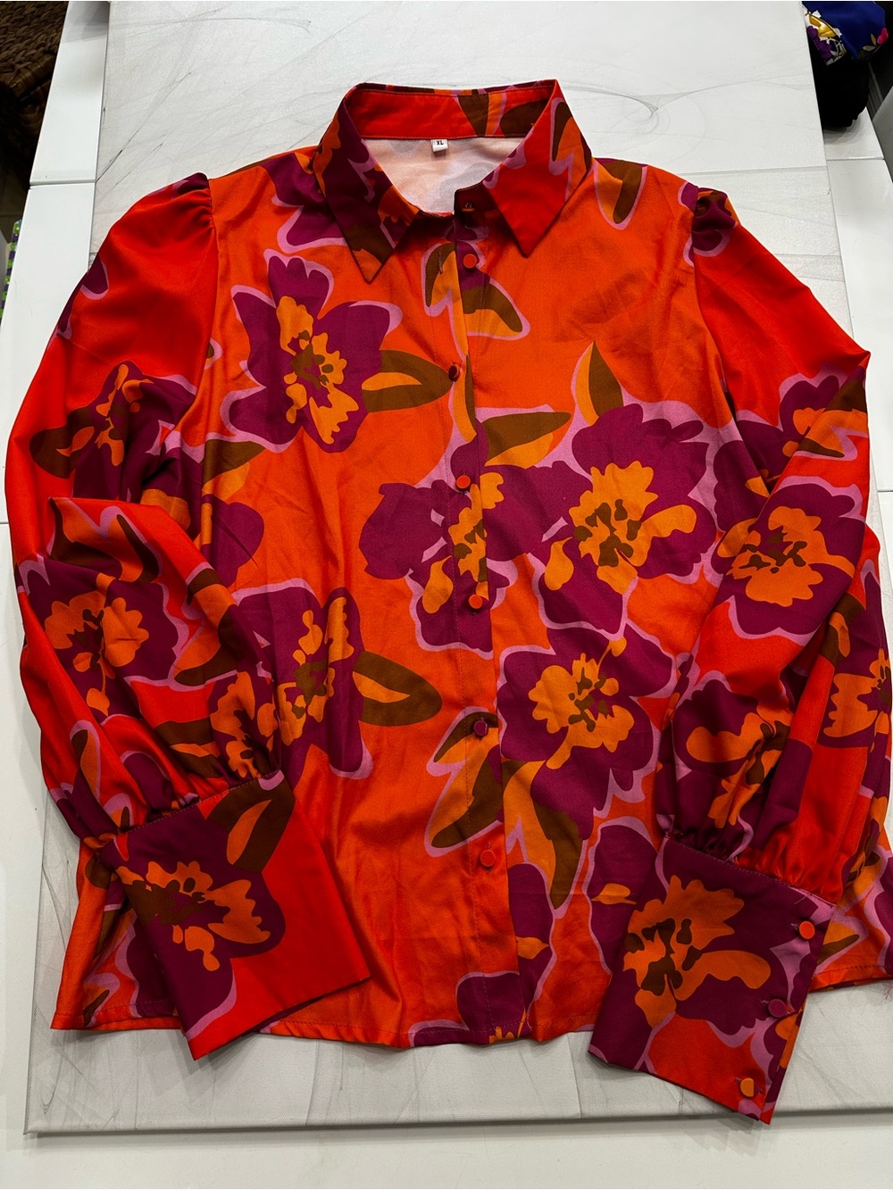 Vibrant Floral Button-Up Blouse in Orange & Fuchsia